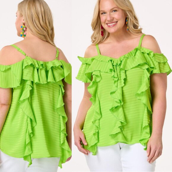 Plus Size 22/24 (3X) Cato Electric Neon Lime Green Ruffle Check Tank Top NWT - Picture 1 of 8